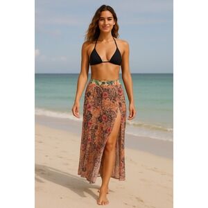 Maaji Multi Floral Maxi Long Cover Up Skirt Size L Mesh Semi Sheer‎ Beach Boho